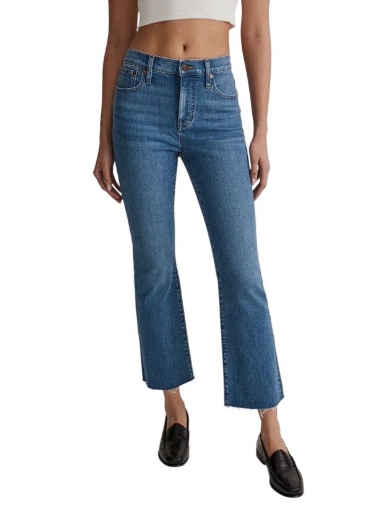 Madewell Mid-Rise Kick Out Jeans Womens 29 Raw Hem Flare Leg Stretch Denim Blue